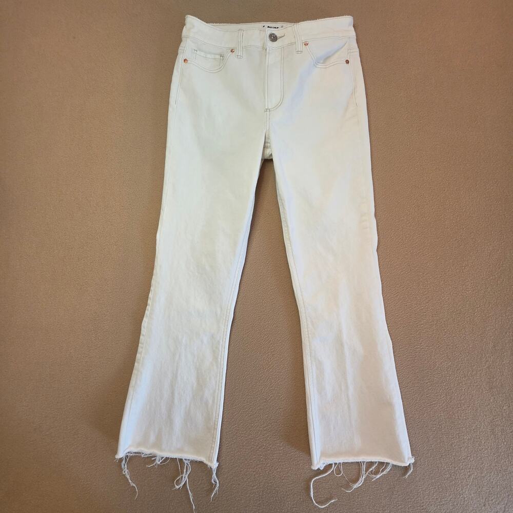 PAIGE Colette Crop Flare Jeans Ecru Golden Sand Sz 27 Stretch Distressed Raw Hem